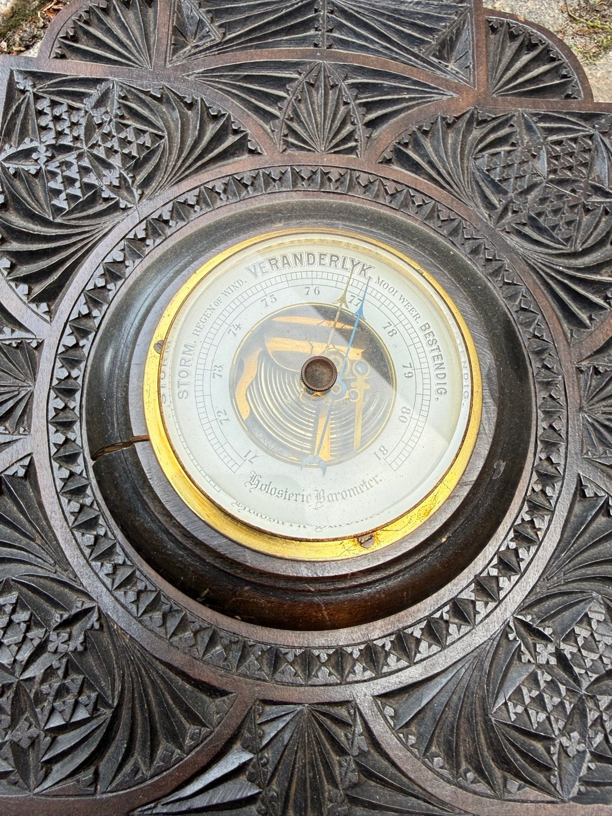Antieke gesneden houten wandbarometer met thermometer, ca. 1, Antiek en Kunst, Antiek | Woonaccessoires, Ophalen