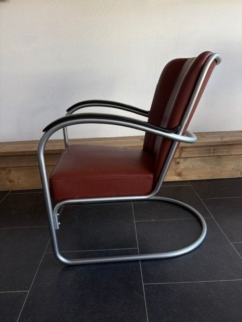 Gispen 412 fauteuil, zijdemat frame, bruin leder, Gebruikt, Design, 75 tot 100 cm, Leer