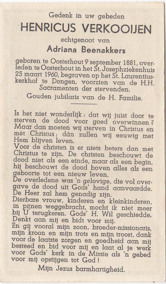 Henricus Verkooijen 1881 Oosterhout + 1960 Oosterhout, 78 jr, Verzenden