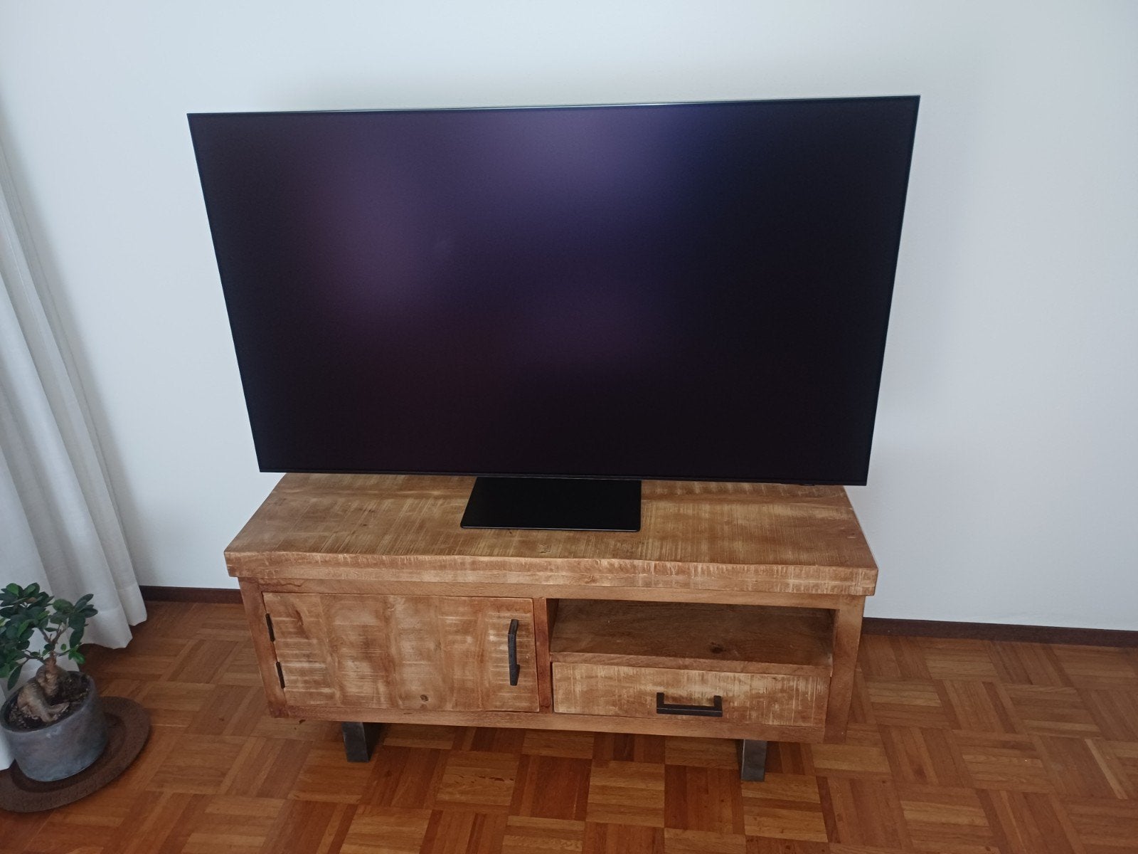 Stoere massief houten tv-meubel met lade en kastje, Gebruikt, 100 tot 150 cm, Ophalen of Verzenden, Minder dan 100 cm