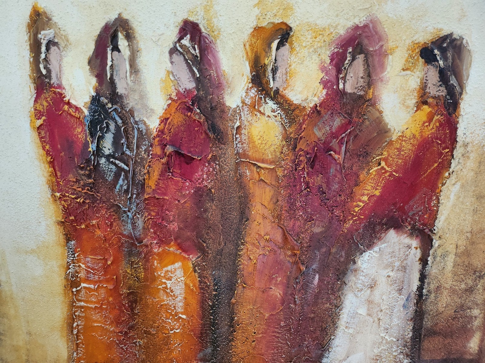 Abstract schilderij met figuren in warme tinten, Antiek en Kunst, Kunst | Schilderijen | Abstract, Ophalen of Verzenden
