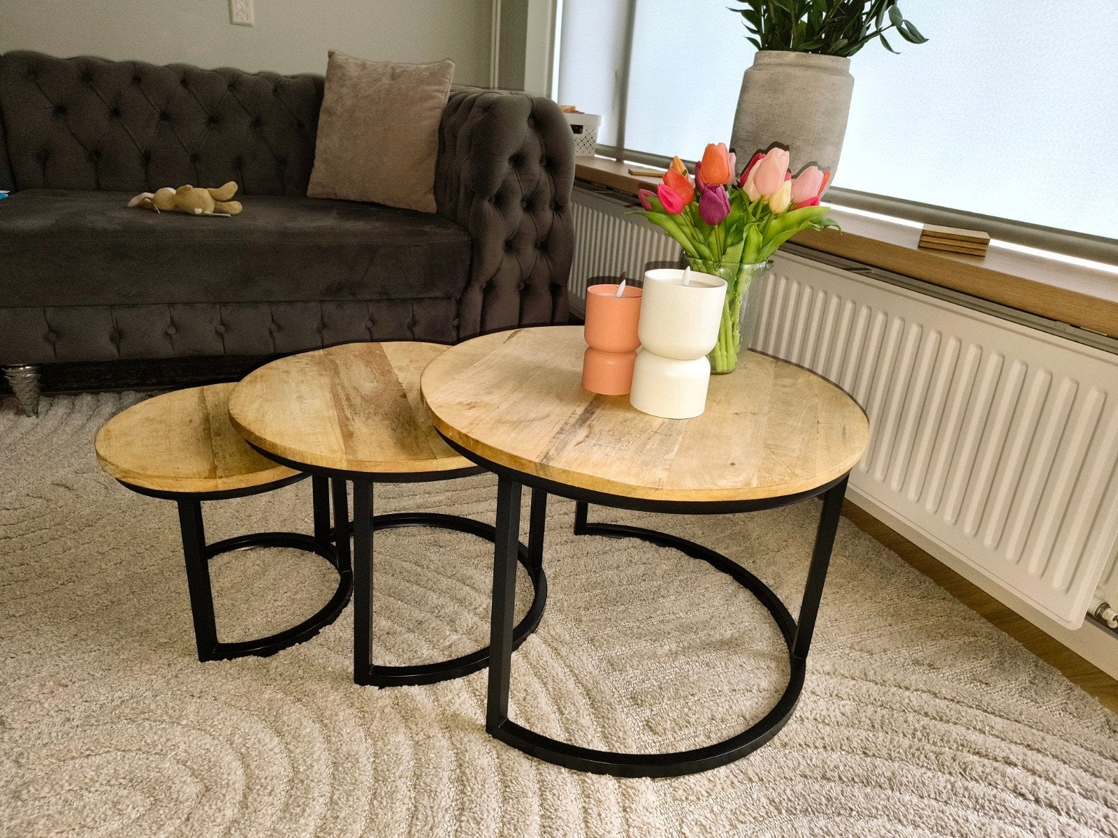 Set van 3 houten salontafels mangohout, lex Leen Bakker, Huis en Inrichting, Tafels | Salontafels, Gebruikt, 50 tot 100 cm, Rond