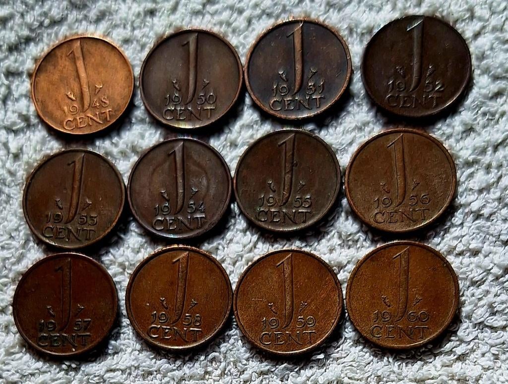 Centen 1948 t/m 1960., Postzegels en Munten, Munten | Nederland, Ophalen of Verzenden, Koningin Juliana, 1 cent, Setje