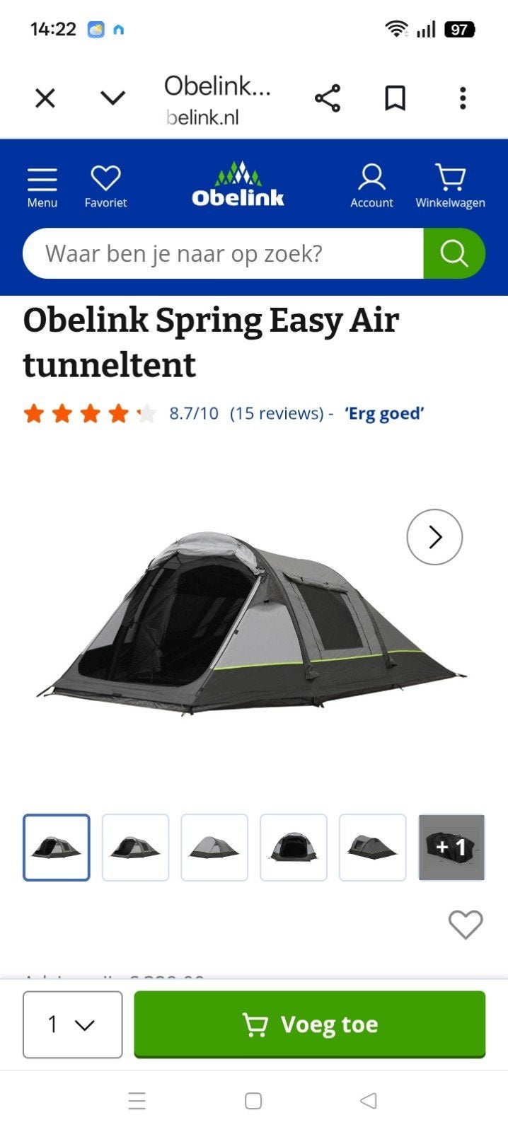 Obelink Spring Easy Air 3-persoons opblaasbare tunneltent, Caravans en Kamperen, Tenten, Ophalen, Zo goed als nieuw, Tot en met 3