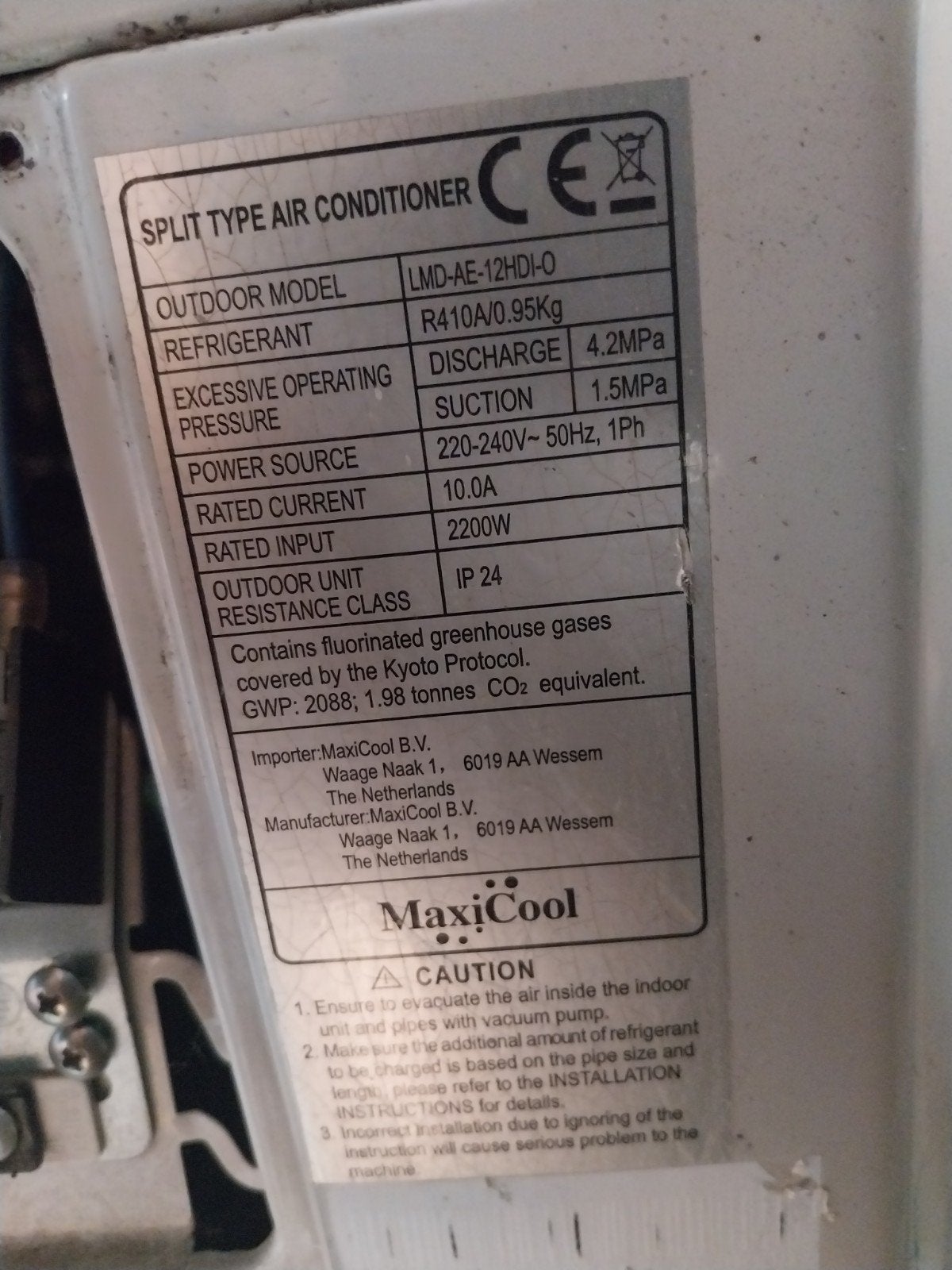MaxiCool Split Type Airconditioner LMD-AE-12HDI-I/O, Ophalen, 3 snelheden of meer, 100 m³ of groter, Afstandsbediening
