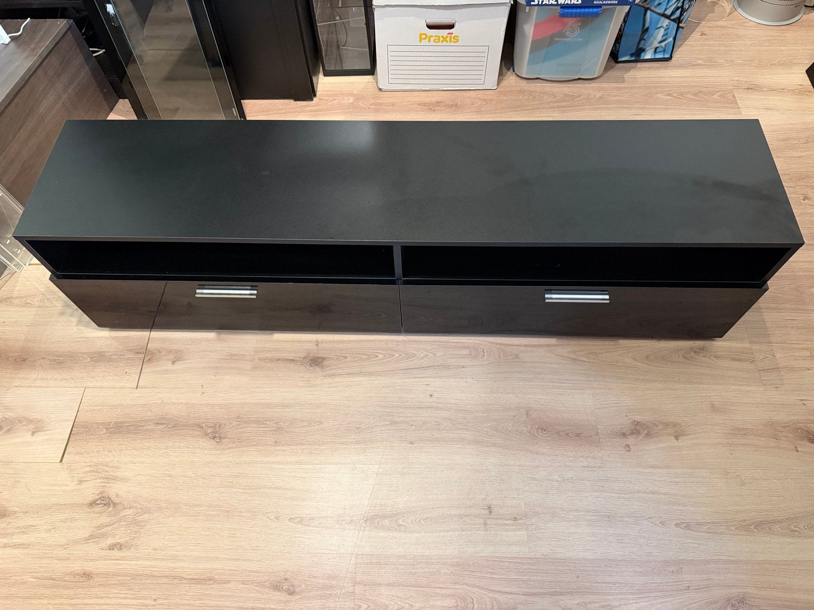 Zwart TV-meubel met opbergruimte, Ophalen, 150 tot 200 cm, Zo goed als nieuw, Minder dan 100 cm