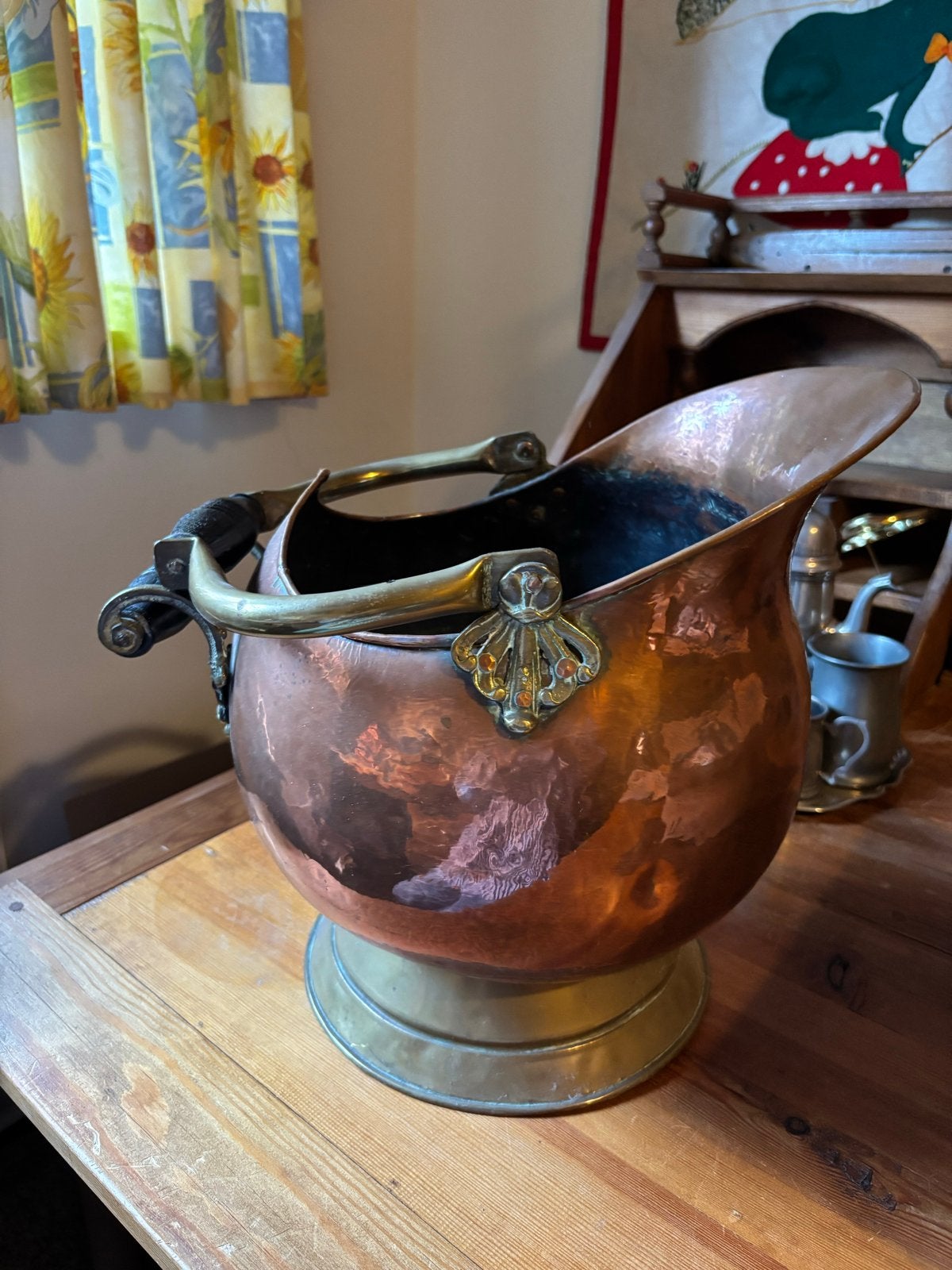 Antieke koperen kolenemmer met messing handvatten, Antiek en Kunst, Ophalen of Verzenden, Koper