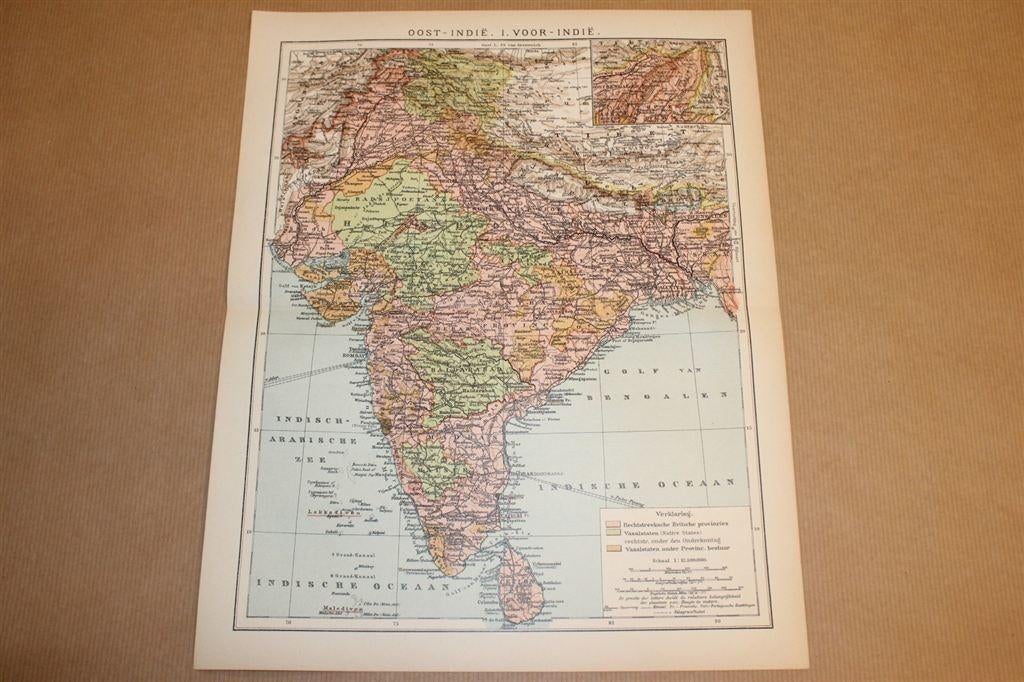 Antieke kaart - India en omringende landen - Ca 1900, Boeken, Atlassen en Landkaarten, Gelezen, Ophalen of Verzenden, Landkaart