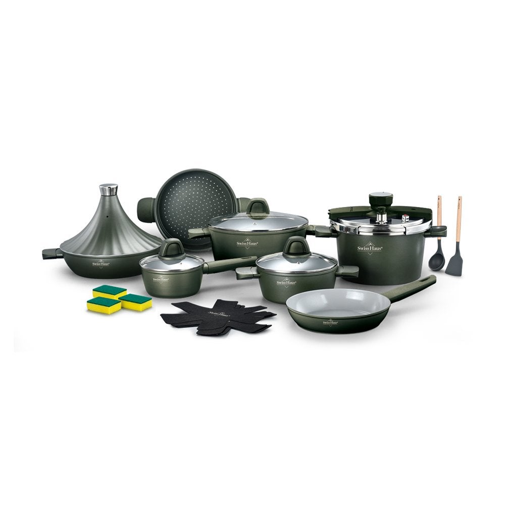 Pannenset keramische coating 20-delig Olive Green PFAS vrij, Geschikt voor inductie, Pannenset, Ophalen of Verzenden, Nieuw