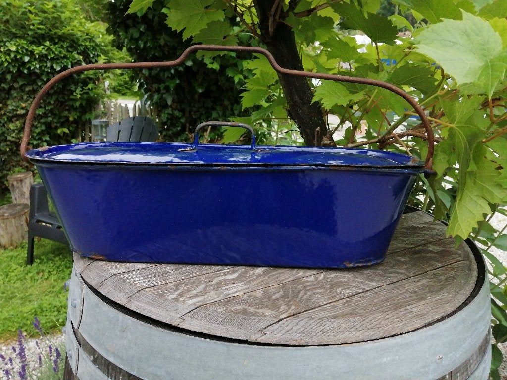 antieke blauw geëmailleerde Franse poissonniere vispan, Ophalen of Verzenden