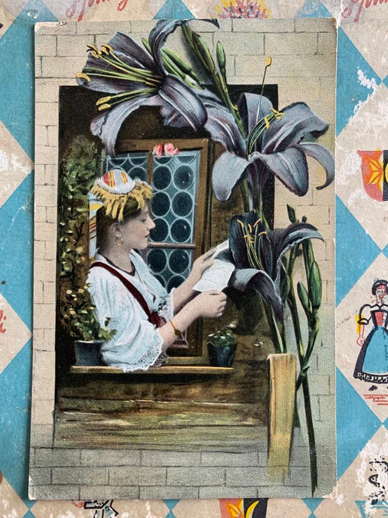Dame met lelies, Ophalen of Verzenden, Voor 1920, Gelopen, Overige thema's