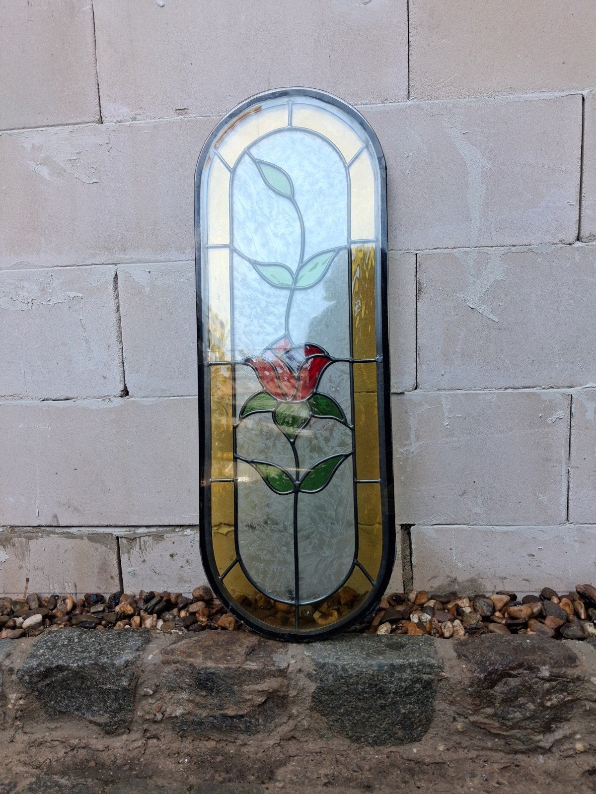 Prachtig glas in lood raam met roosmotief, Gevelraam of Ruit, Minder dan 80 cm, Glas in lood, 80 tot 120 cm