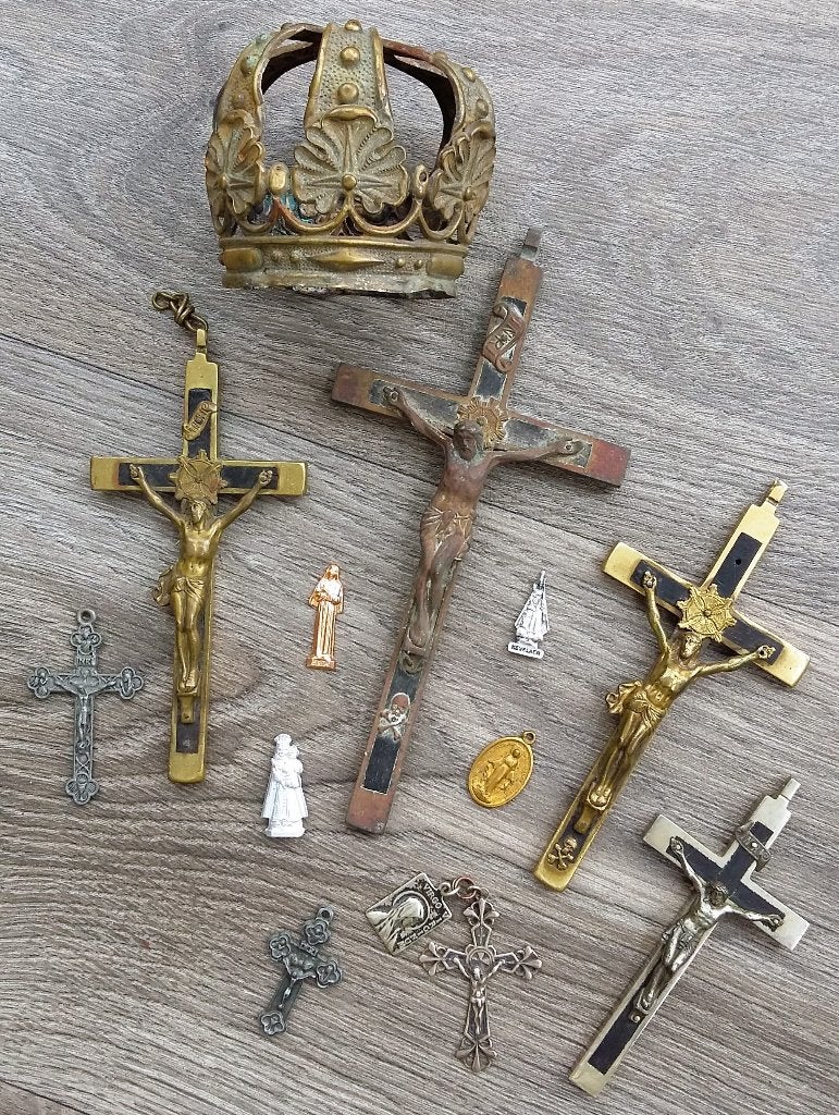 19 de eeuw GROOT Lot Religie Kruis Rozenkrans Maria Kroon, Antiek en Kunst, Antiek | Religie, Ophalen of Verzenden