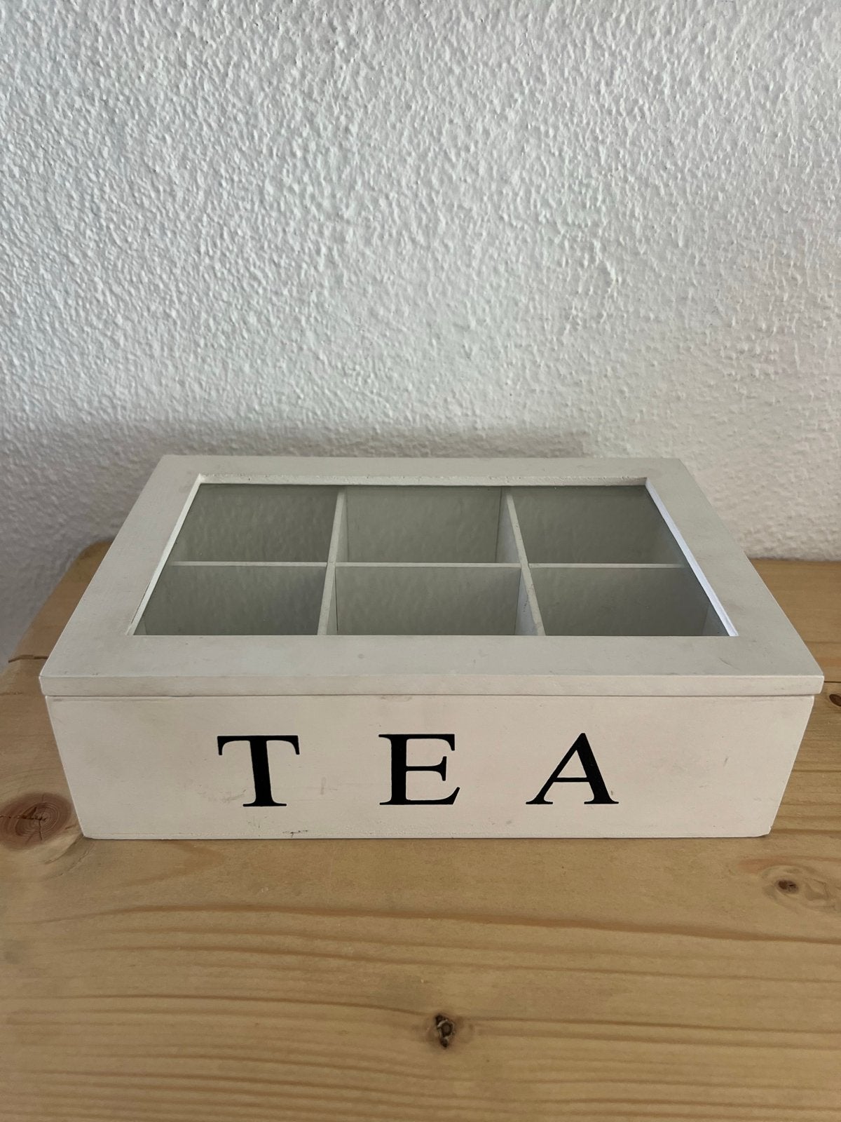 Houten theedoos met 6 vakken en glazen deksel, Hout, Gebruikt, Ophalen of Verzenden, Landelijk