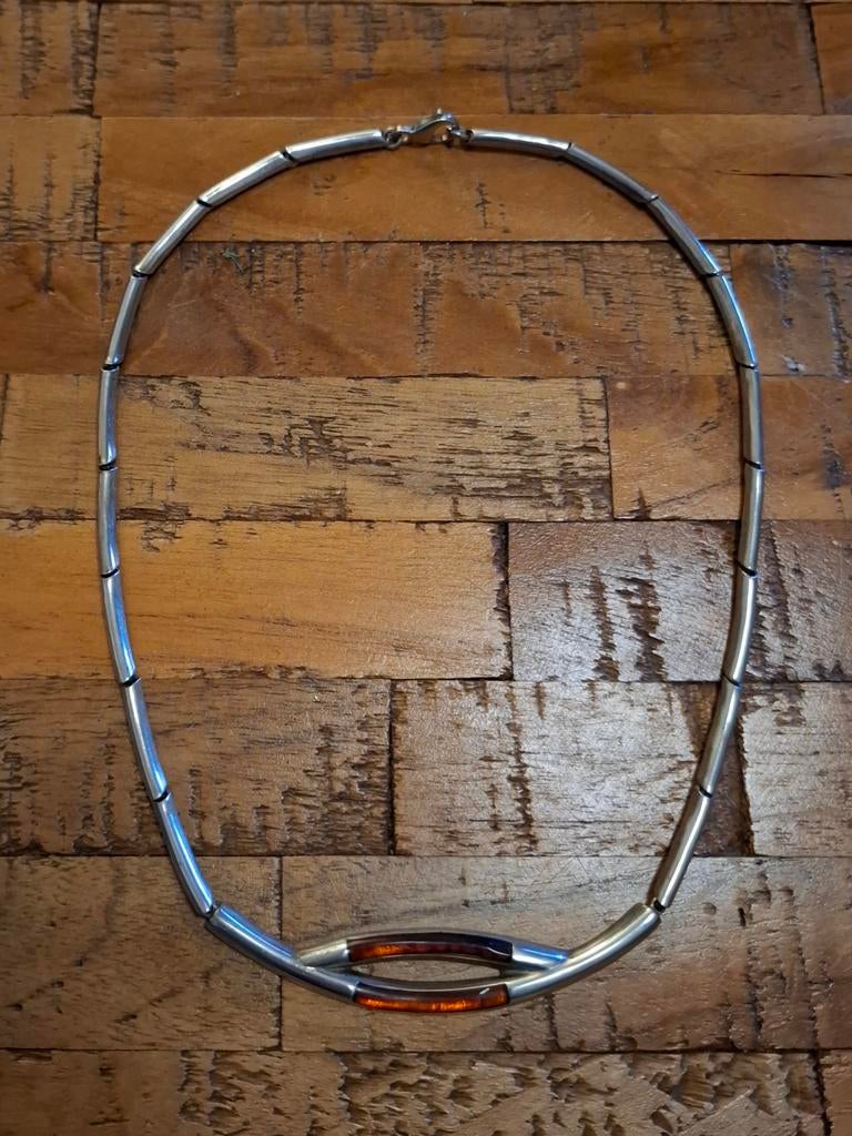 Zware Zilveren Ketting met Barnsteen Inleg, Sieraden, Tassen en Uiterlijk, Kettingen, Gebruikt, Ophalen of Verzenden, Met edelsteen