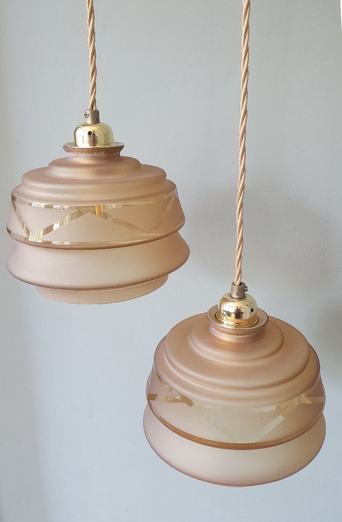 Set Vintage hanglampen - rose opaline glas - frosted textuur, Gebruikt, Antiek, Art Deco, Vintage, Franse lamp, Glas, E27 (groot)