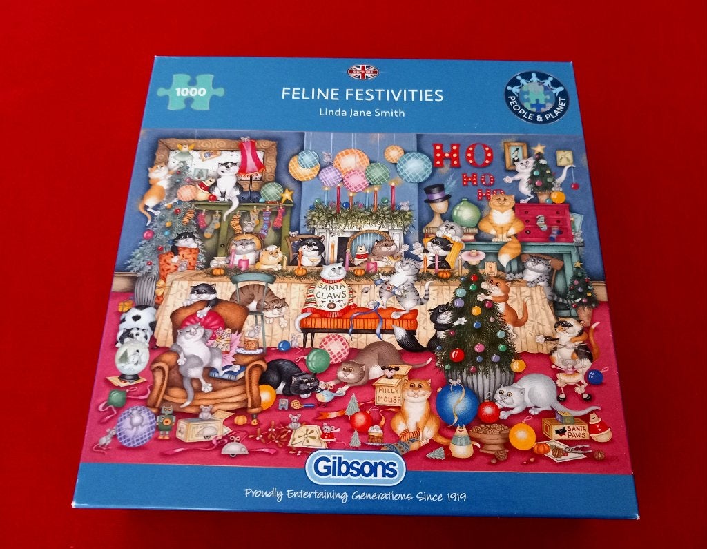 Gibsons kerstpuzzel 1000 stukjes Feline Festivities L. Smith, Ophalen of Verzenden, 500 t/m 1500 stukjes, Zo goed als nieuw, Legpuzzel