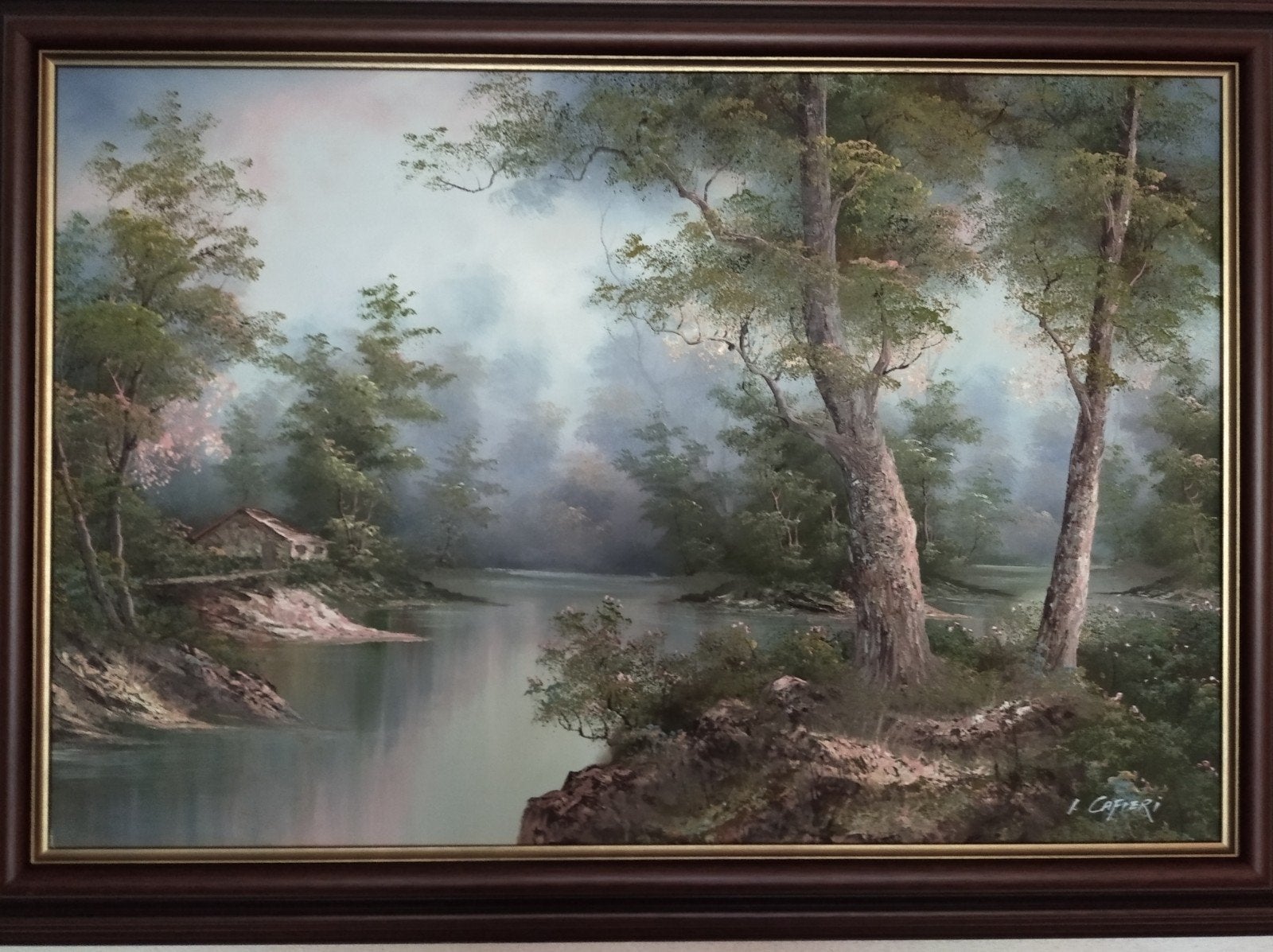 Schilderij: Mysterieus Boslandschap met Rivier en Huisje, Ophalen