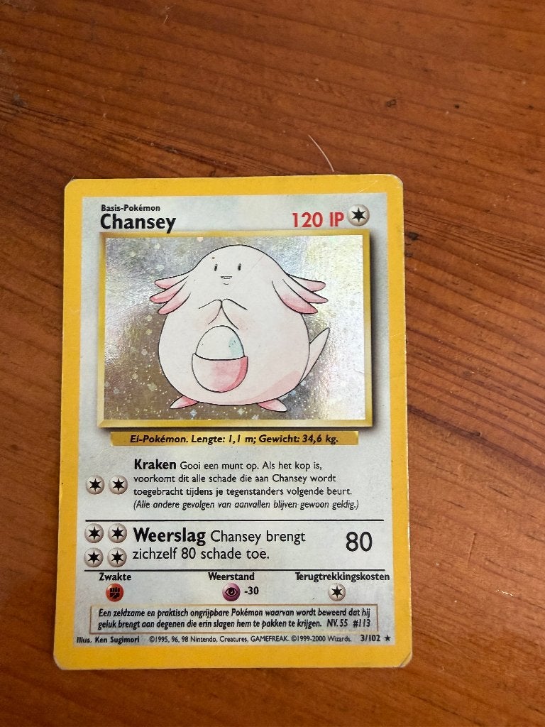 Chansey 3/102 Holo — Pokémon Base Set 1999 Nederlands, Ophalen of Verzenden, Zo goed als nieuw, Losse kaart