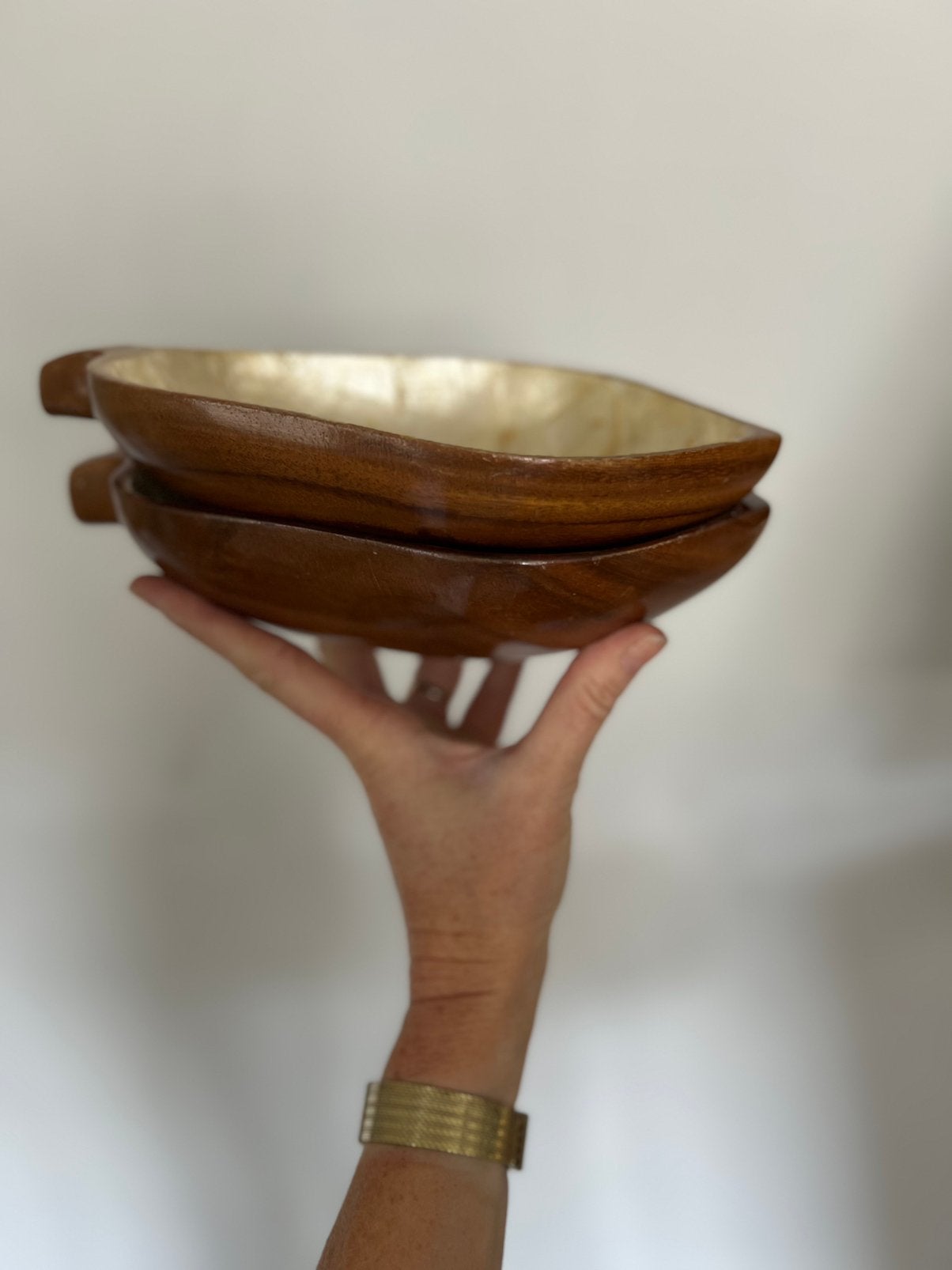 Vintage Mid-Century houten schaaltjes met parelmoer, Huis en Inrichting, Woonaccessoires | Schalen en Manden, Rond, Zo goed als nieuw