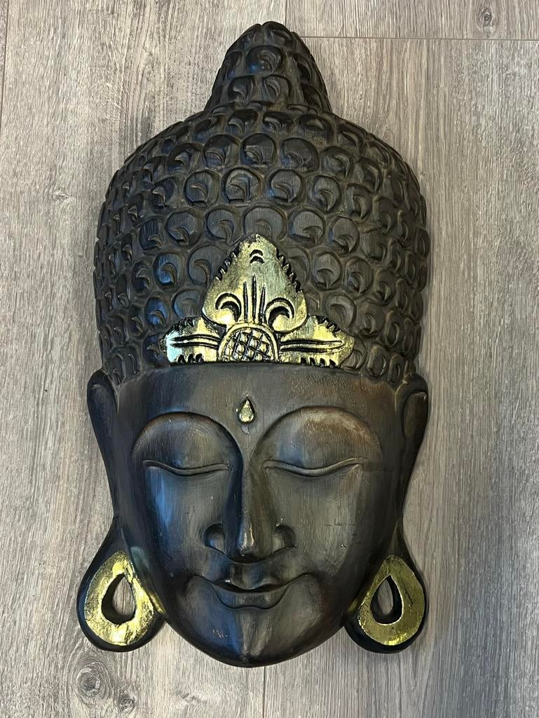 Handgesneden houten Boeddhamasker uit Bali - Bruin/Goud, Huis en Inrichting, Woonaccessoires | Boeddhabeelden, Ophalen of Verzenden
