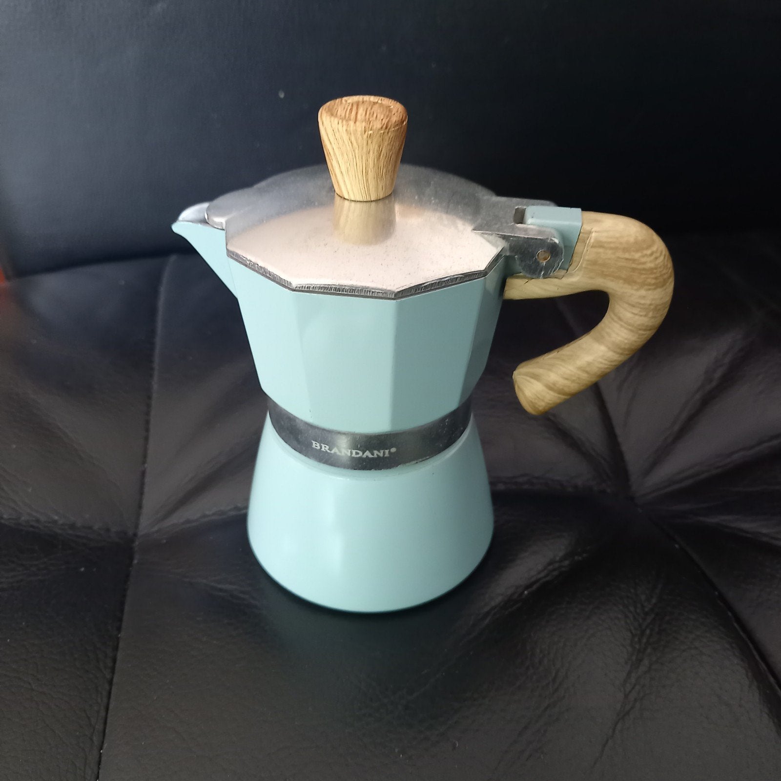 Brandani moka pot espresso maker turquoise houtlook, Huis en Inrichting, Keuken | Keukenbenodigdheden, Ophalen of Verzenden, Zo goed als nieuw