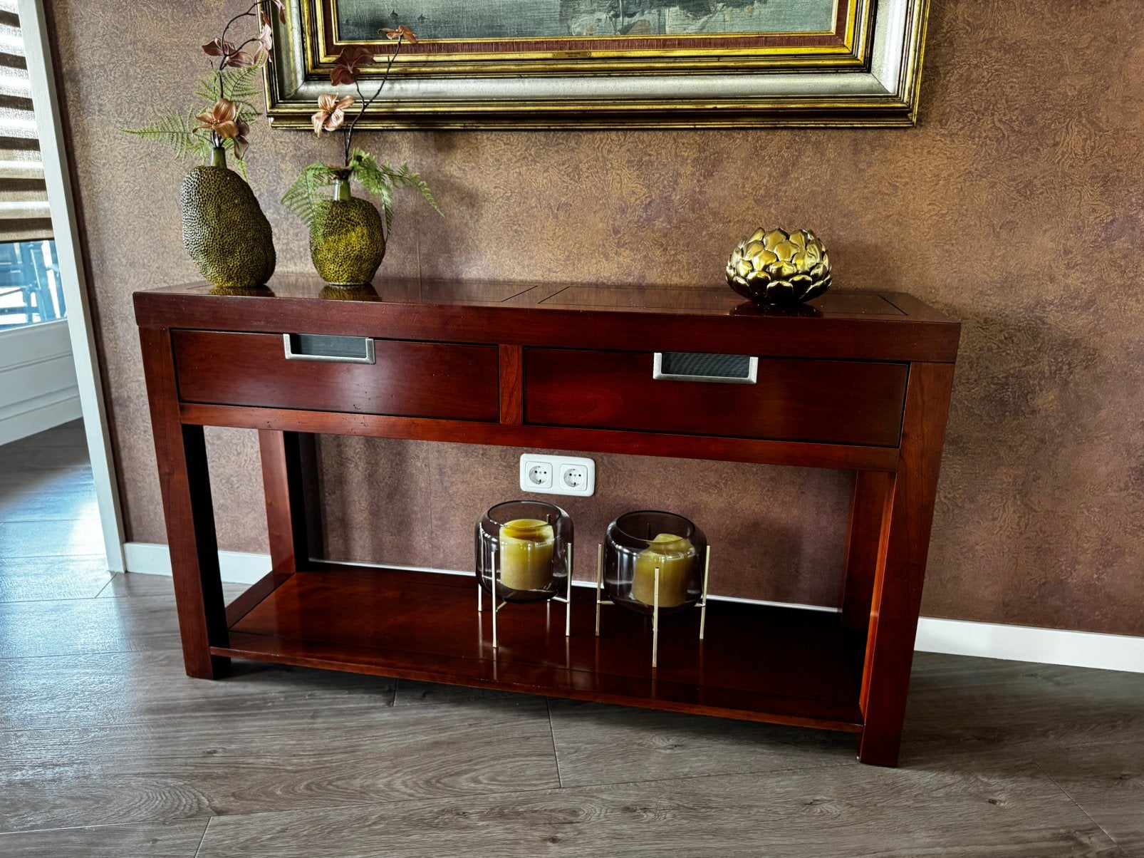 Mooie houten sidetable met lades en opbergplank, Huis en Inrichting, Ophalen, 100 tot 150 cm, Zo goed als nieuw, 25 tot 50 cm