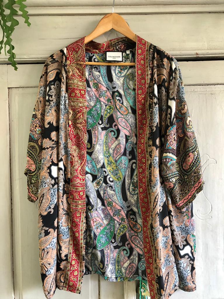 Prachtig ‘Gold & Silver’ paisley Kimono Jasje Mt One Size, Kleding | Dames, Jasjes, Kostuums en Pakken, Zo goed als nieuw, Maat 46/48 (XL) of groter