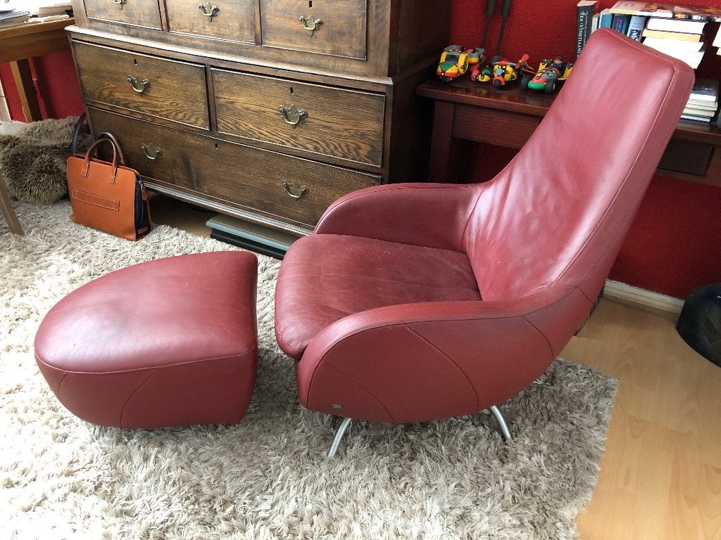 Leren Rolf Benz draaifauteuil met hocker, Huis en Inrichting, Ophalen, Gebruikt, Minder dan 75 cm, Leer