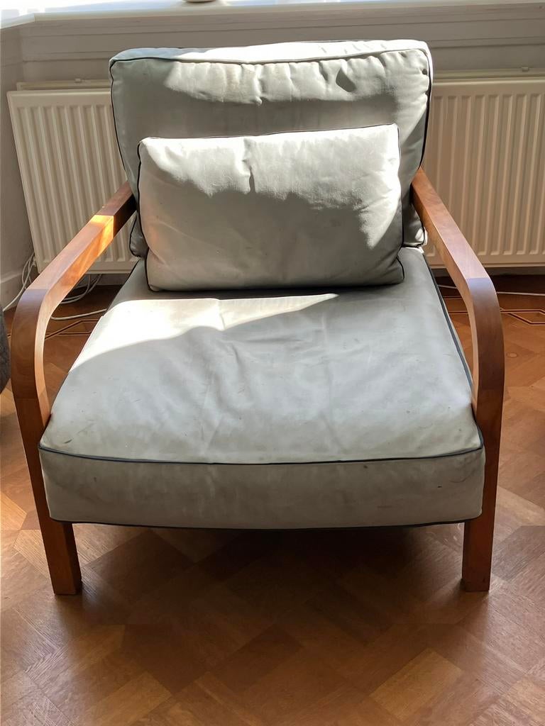 Te Linteloo fauteuil, frame notenhout, groen-grijs leer, Huis en Inrichting, Fauteuils, Ophalen, Gebruikt, 75 tot 100 cm, Modern