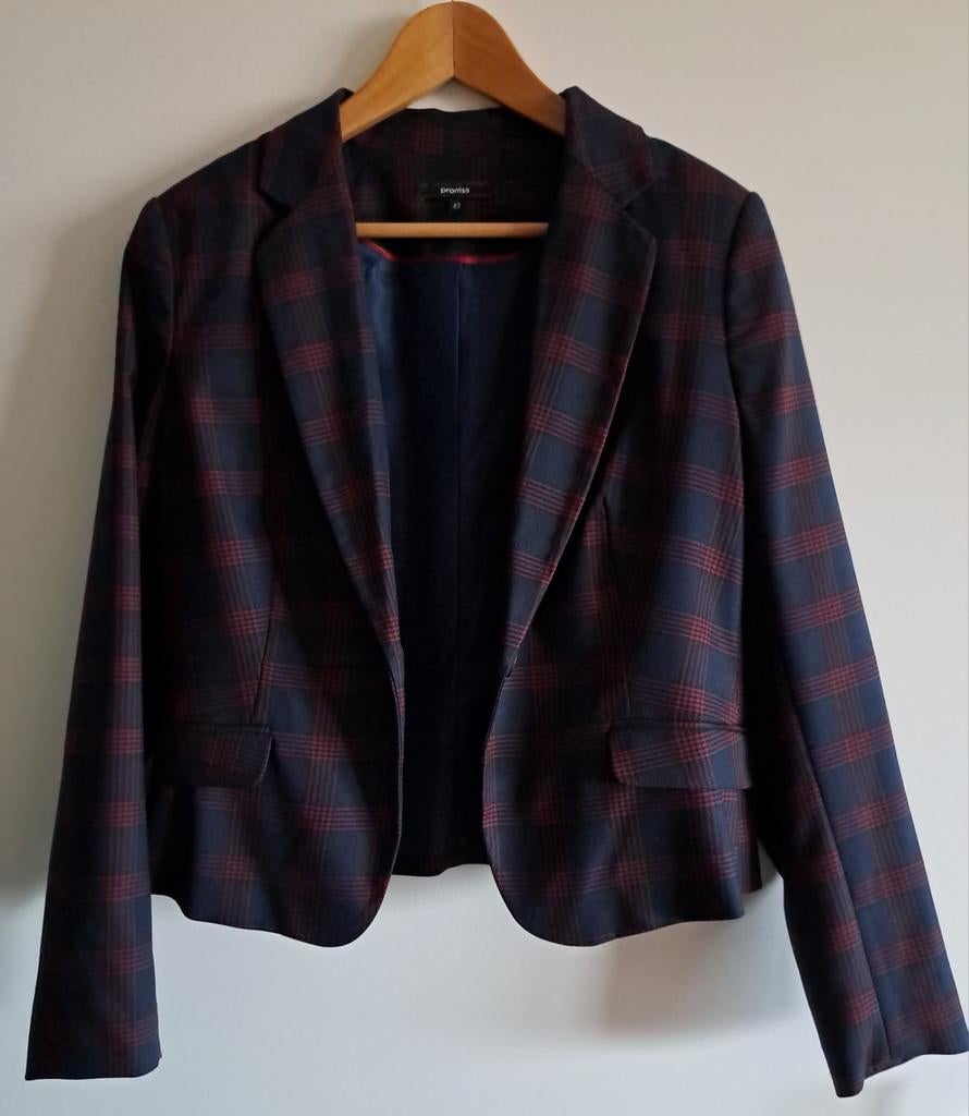 Korte getailleerde dames blazer donkerblauw/rood geruit, Promiss, Blauw, Maat 42/44 (L), Ophalen of Verzenden