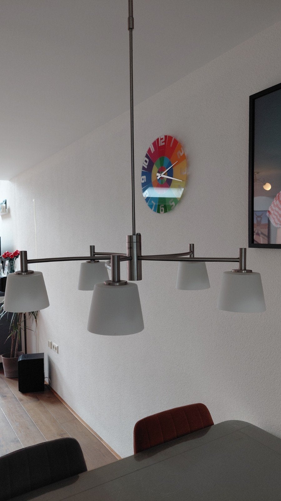 Moderne hanglamp met 5 glazen kappen, Zo goed als nieuw, Glas, Modern, E27 (groot)