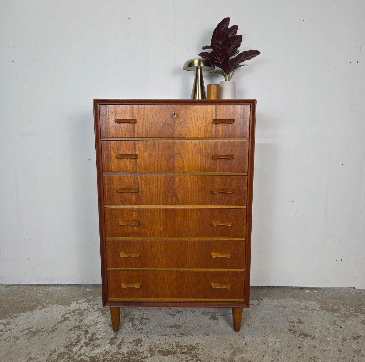 Vintage Deense ladekast, teak 6 lades jaren 60 Scandinavisch, Ophalen, Gebruikt, 5 laden of meer, 50 tot 100 cm