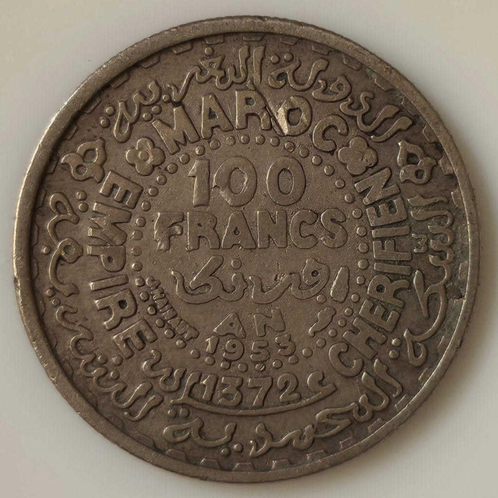 Zilveren Maroc 100 Francs 1372 1953 Empire Cherifien Marokko, Ophalen of Verzenden, Overige landen, Losse munt, Zilver