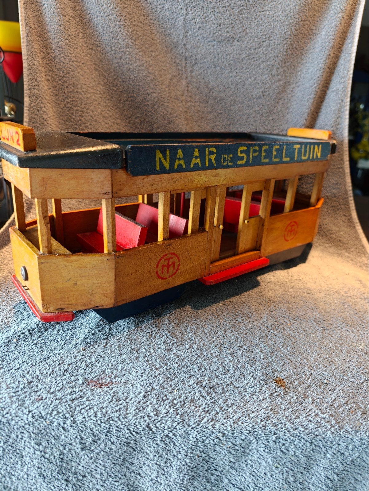Vintage houten trolley 'Naar de Speeltuin' op wieltjes, Ophalen of Verzenden