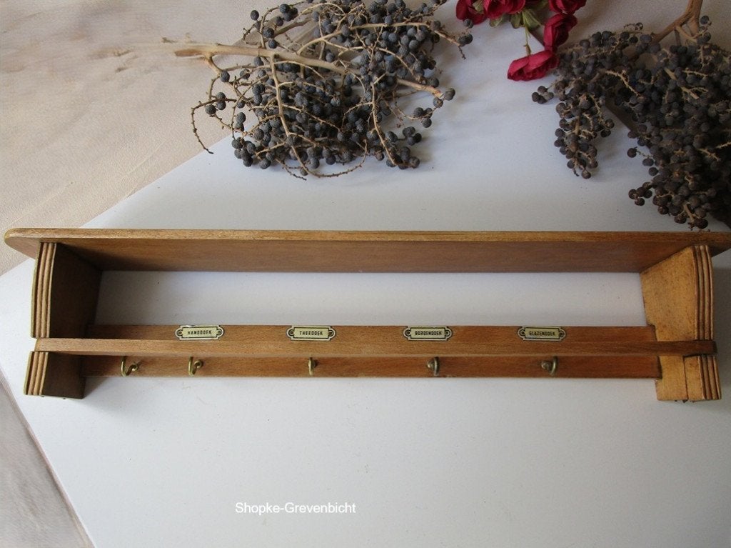 Vintage houten handdoekrek met haken, Ophalen of Verzenden