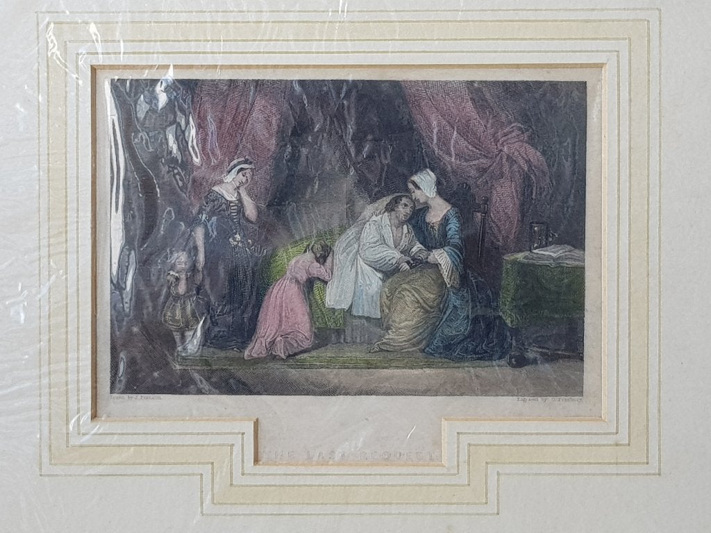 The last request prachtige antieke ets uit Engeland 26,4 cm., Dagelijks leven, 1800 - 1899, Ets, Handgekleurd