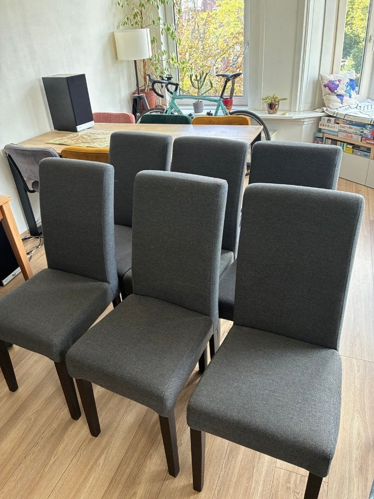 Set van 6 Ikea Bergmund eetkamerstoelen, Ophalen, Hout, Zo goed als nieuw, Grijs