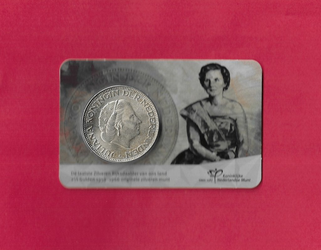 Nederland laatste zilveren Rijksdaalder in coincard 1966, Koningin Juliana, Zilver, Ophalen of Verzenden, Losse munt