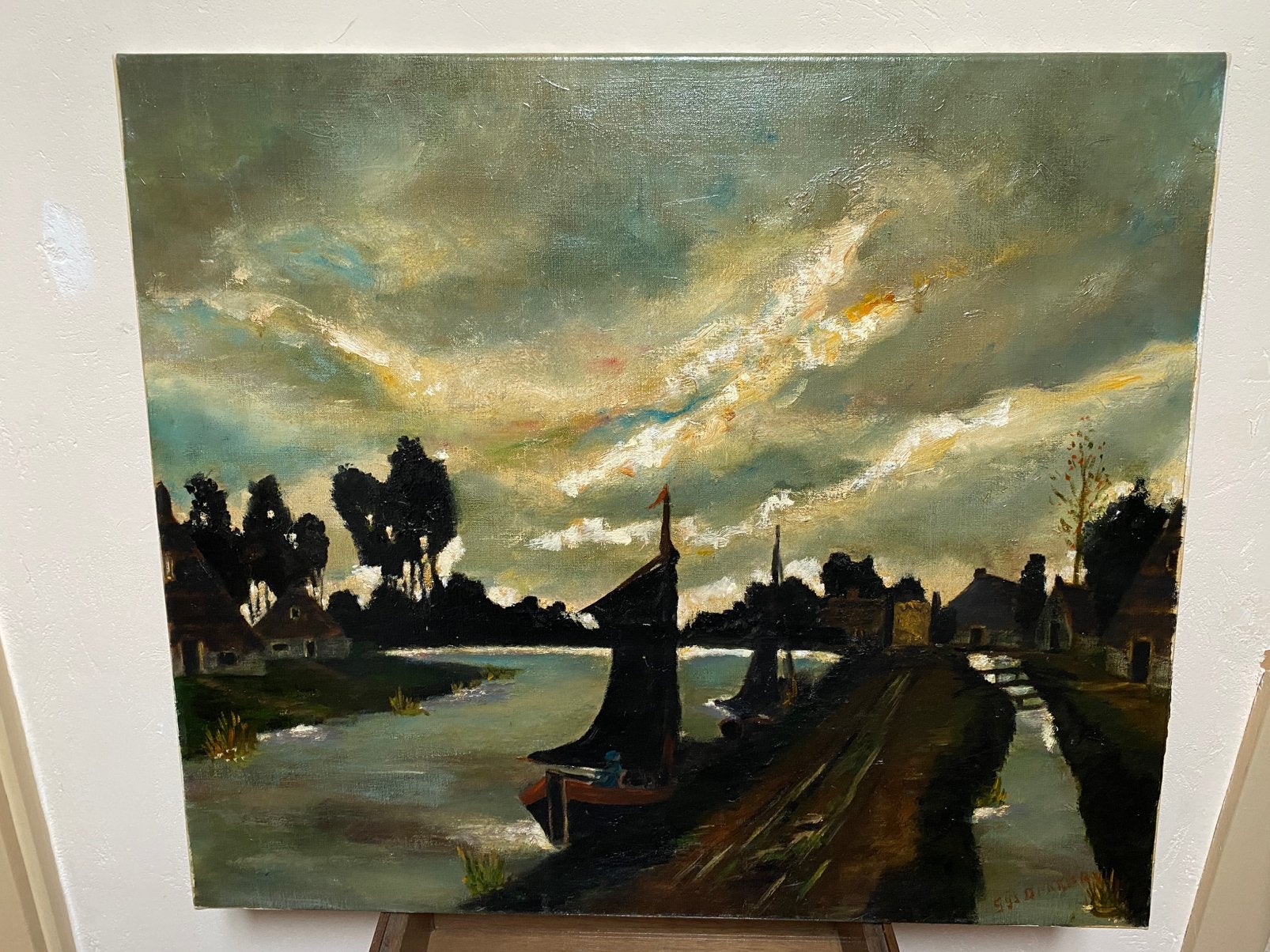 Boten in een vaart., Antiek en Kunst, Ophalen of Verzenden, Olieverf, Doek
