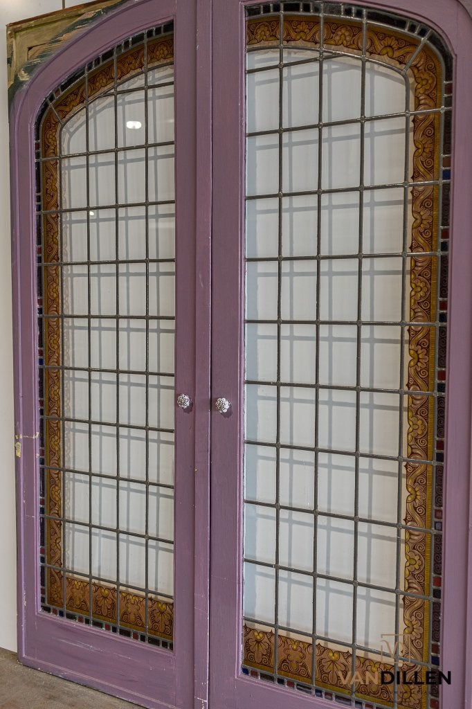 Antieke ensuite schuifdeuren glas in lood gebrandschilderd!, Gebruikt, Binnendeur, Ophalen of Verzenden, Schuifdeur