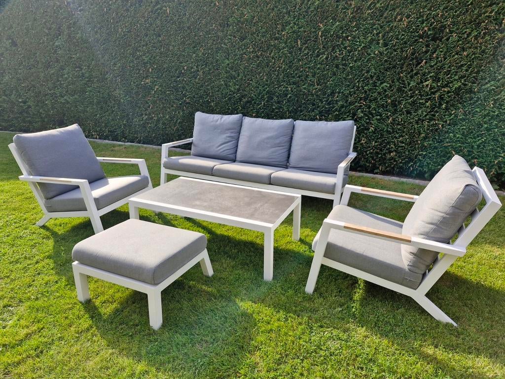 Witte aluminium Loungeset met grijze kussens, Ophalen, Gebruikt, Aluminium, Hocker