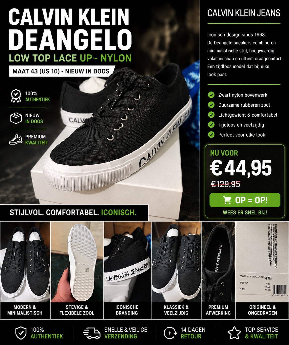 Calvin Klein Deangelo Sneakers Zwart Maat 43 Nieuw, Ophalen of Verzenden, Nieuw, Zwart, Sneakers of Gympen