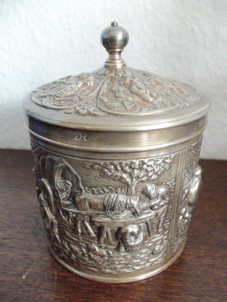 Oud verzilverd DE thee blikje/doosje in zeer goede staat, Ophalen of Verzenden