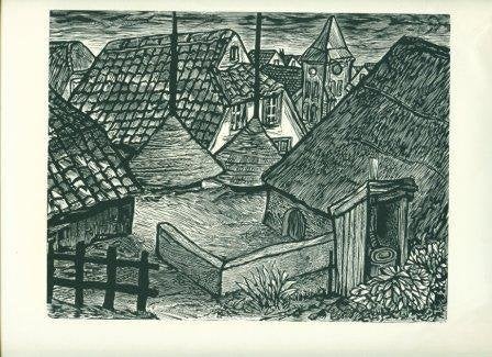 Lou Strik. Dorp met boerderijen Houtgravure. 1960, Antiek en Kunst, 18 cm, 1950 - 1999, Ophalen of Verzenden, 24 cm
