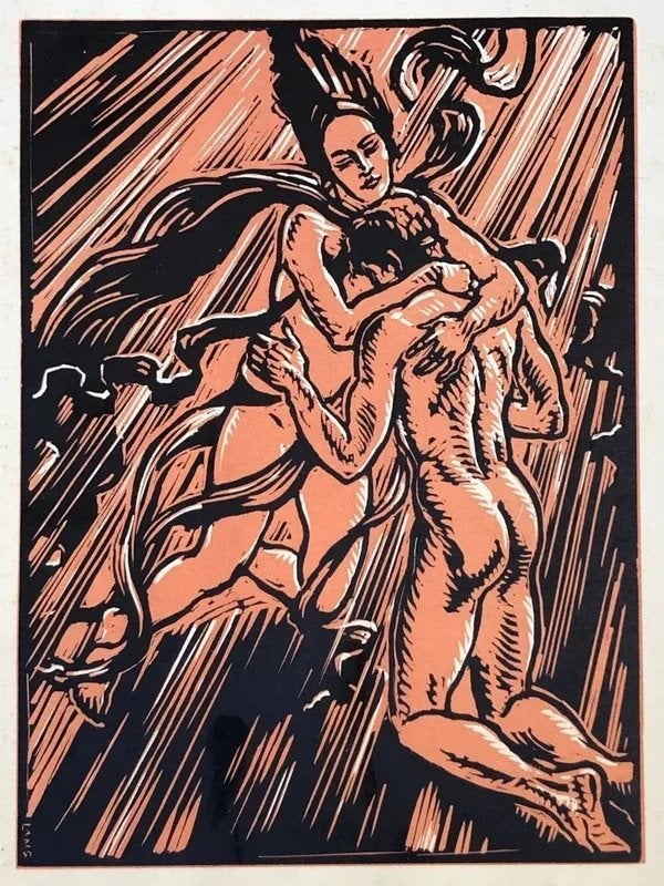 Erwin Lang (1886-1962) Kleurenhoutsnede “Hermes draagt ​​Pan, Antiek en Kunst, Ophalen of Verzenden