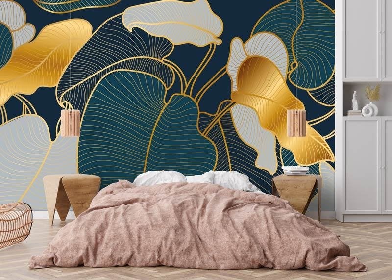 Fotobehang / Behang: Jungle - Abstracte Gouden Bladeren, Huis en Inrichting, Stoffering | Behang, Ophalen, Stuifzand, Bladeren