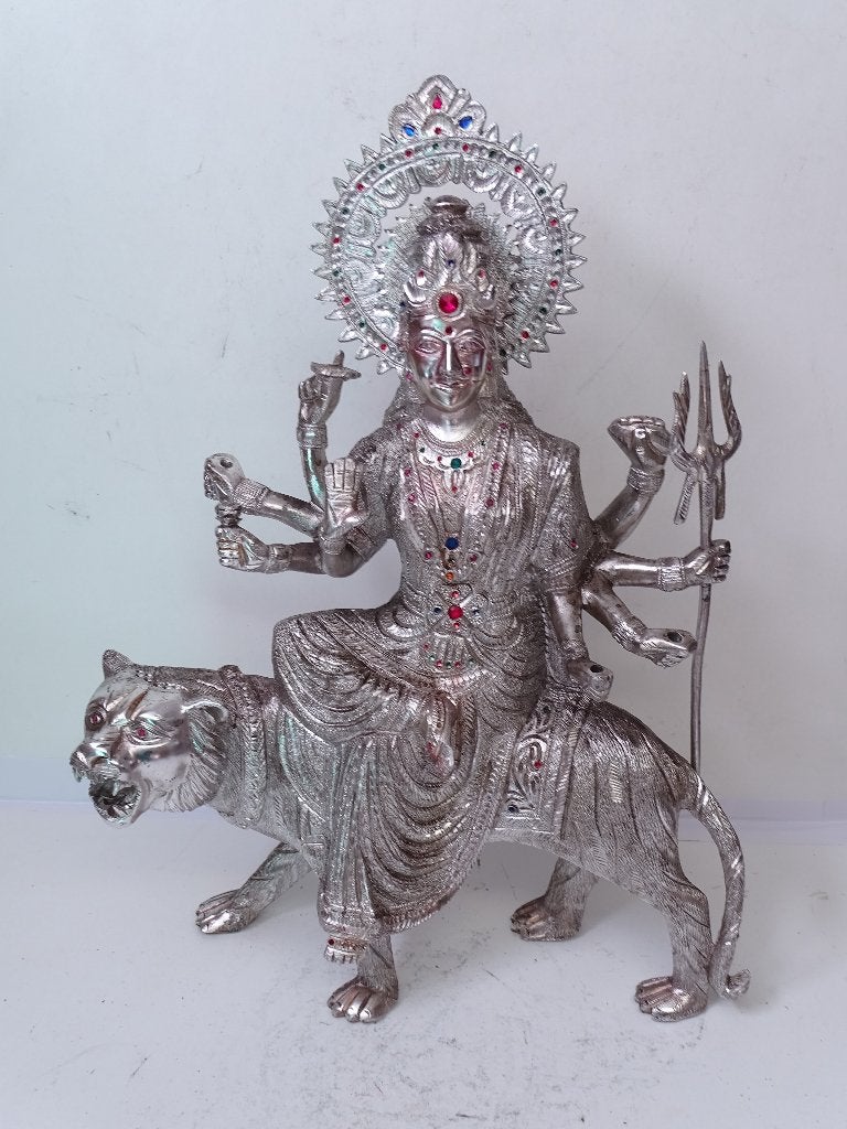 Grote verzilverd Durga op tijger beeld 8,8 KG, Ophalen, Gebruikt, Beeld(je), Hindoeïsme