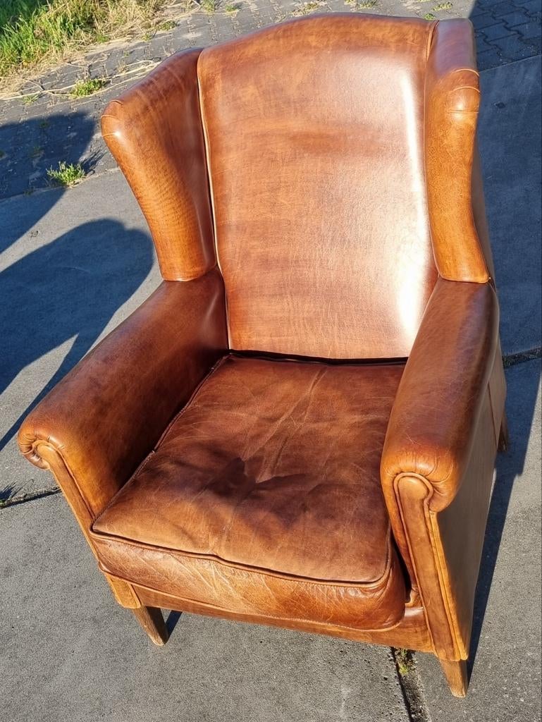 Chesterfield oor fauteuil cognac bruin leer + BEZORGING, Gebruikt, ., Chesterfield, Ophalen of Verzenden