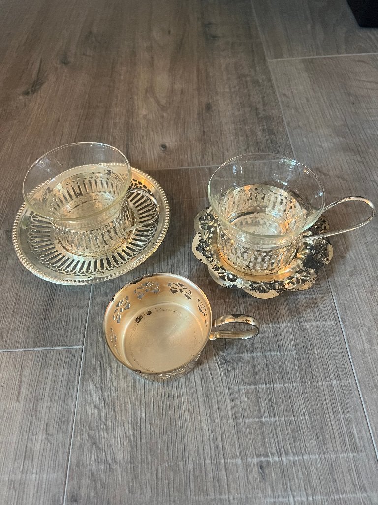 Vintage zilverkleur brocante glazen theeservies theeglazen, Ophalen of Verzenden, Zo goed als nieuw, Overige typen